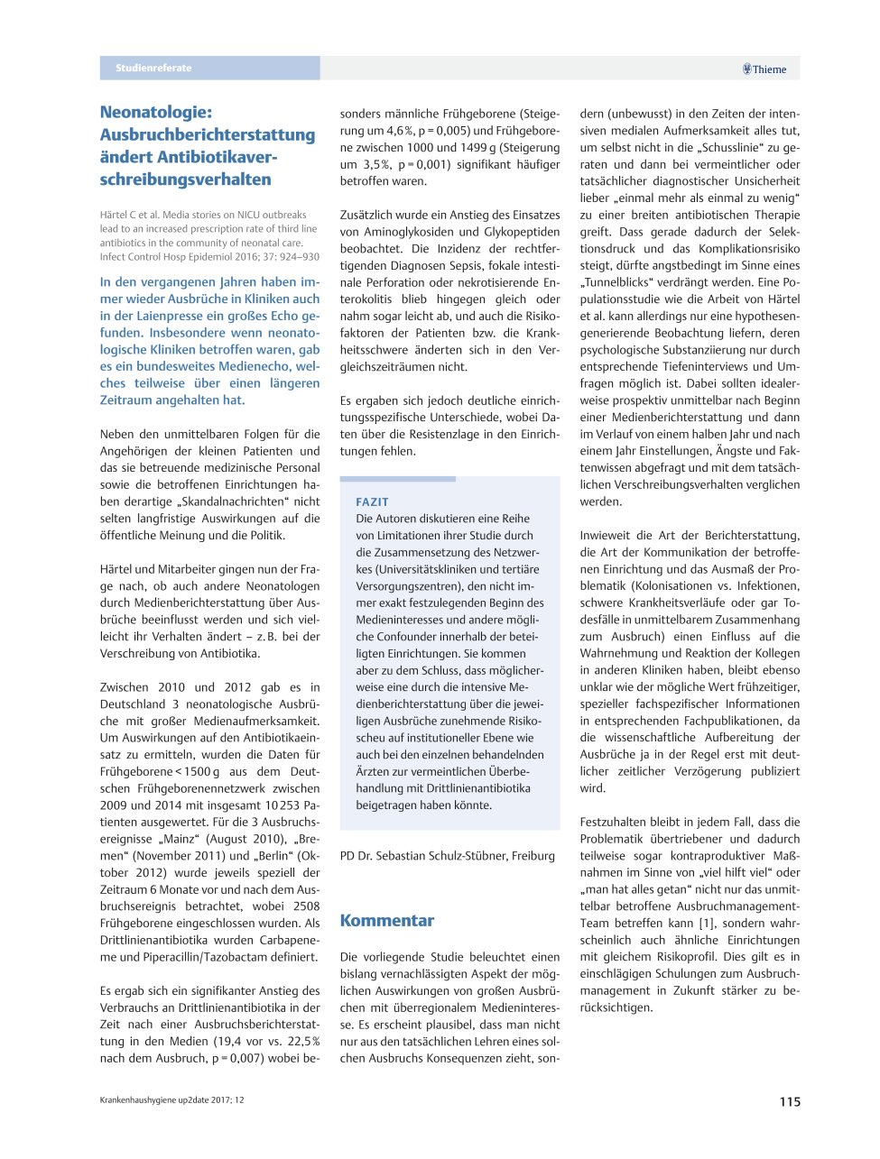 Vorschauseite 1: Neonatologie: Ausbruchberichterstattung ändert Antibiotikaverschreibungsverhalten
