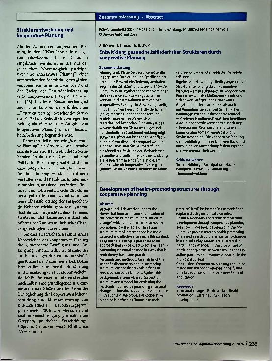 Vorschauseite 3: Entwicklung gesundheitsförderlicher Strukturen durch kooperative Planung