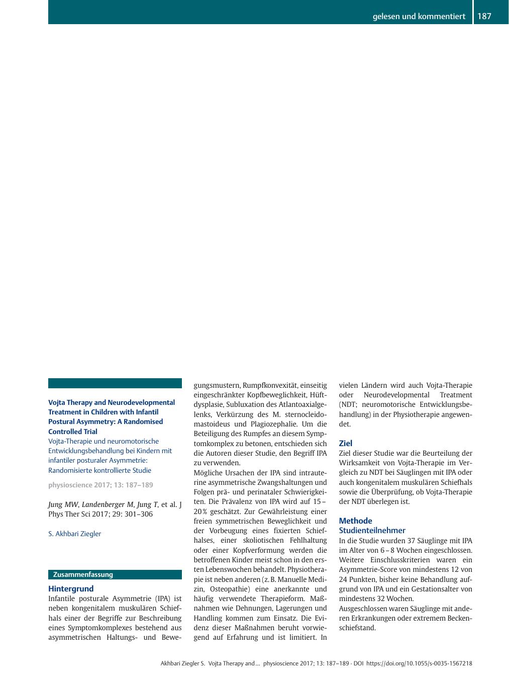 Vorschauseite 1: Vojta Therapy and Neurodevelopmental Treatment in Children with Infantil Postural Asymmetry: A Randomised Controlled Trial