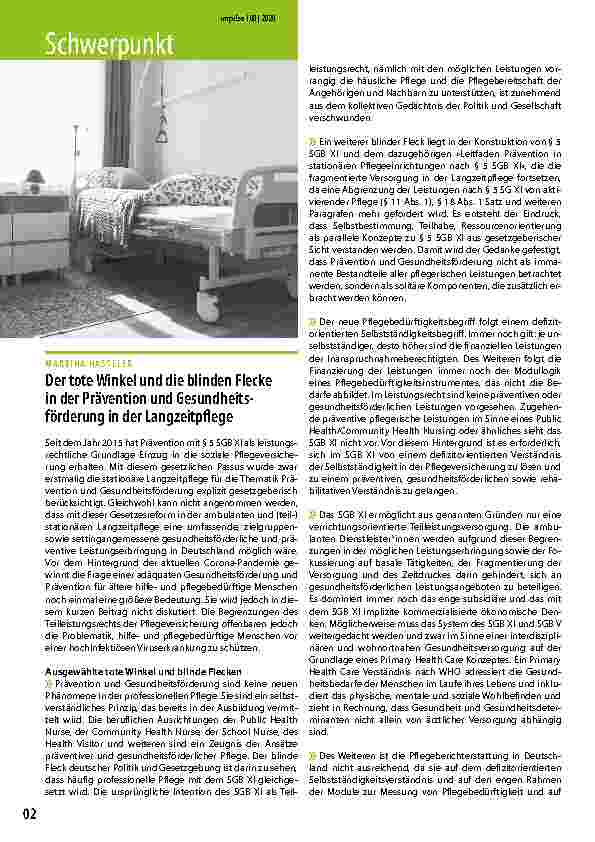 Vorschauseite 1: Der tote Winkel und die blinden Flecken in der Prävention und Gesundheitsförderung in der Langzeitpflege