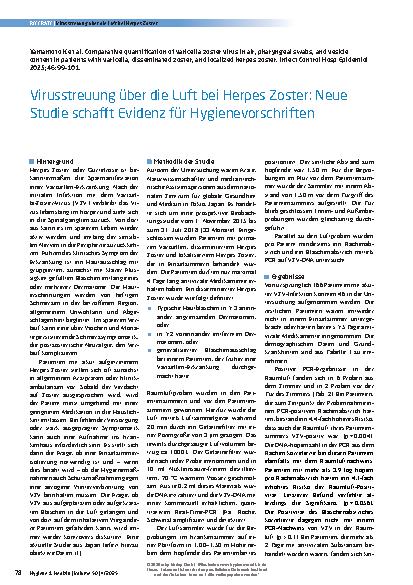 Vorschauseite 1: Virusstreuung über die Luft bei Herpes Zoster: Neue Studie schafft Evidenz für Hygienevorschriften