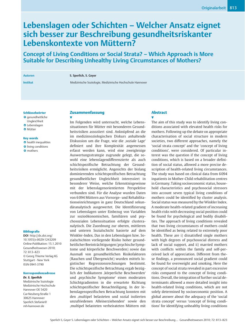 Vorschauseite 1: Lebenslagen oder Schichten – Welcher Ansatz eignet sich besser zur Beschreibung gesundheitsriskanter Lebenskontexte von Müttern?