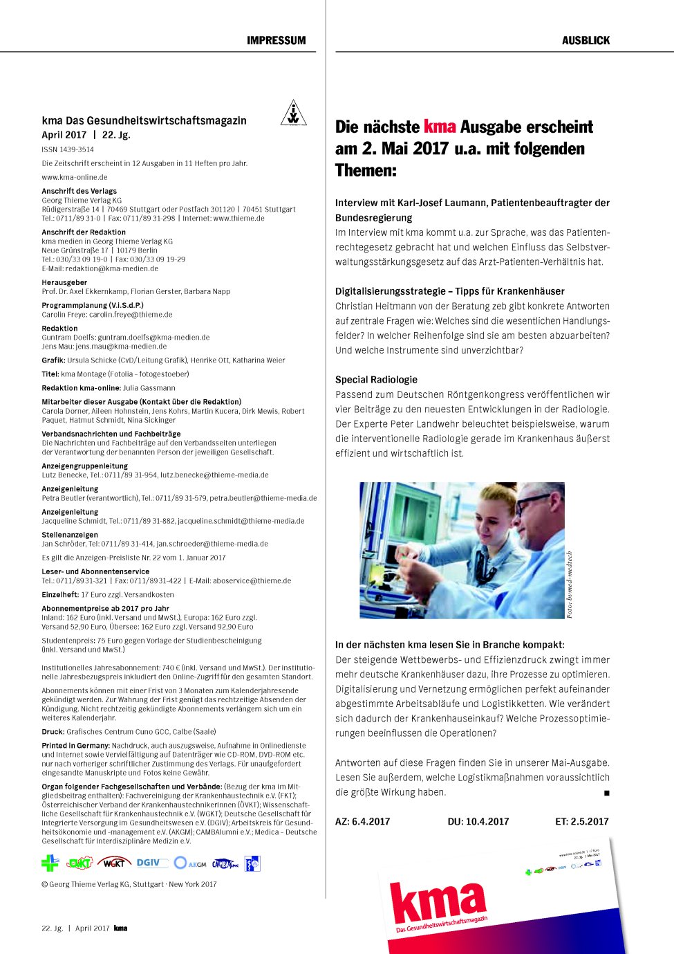 Vorschauseite 1: Die nächste kma Ausgabe erscheint am 2. Mai 2017 u. a. mit folgenden Themen:
