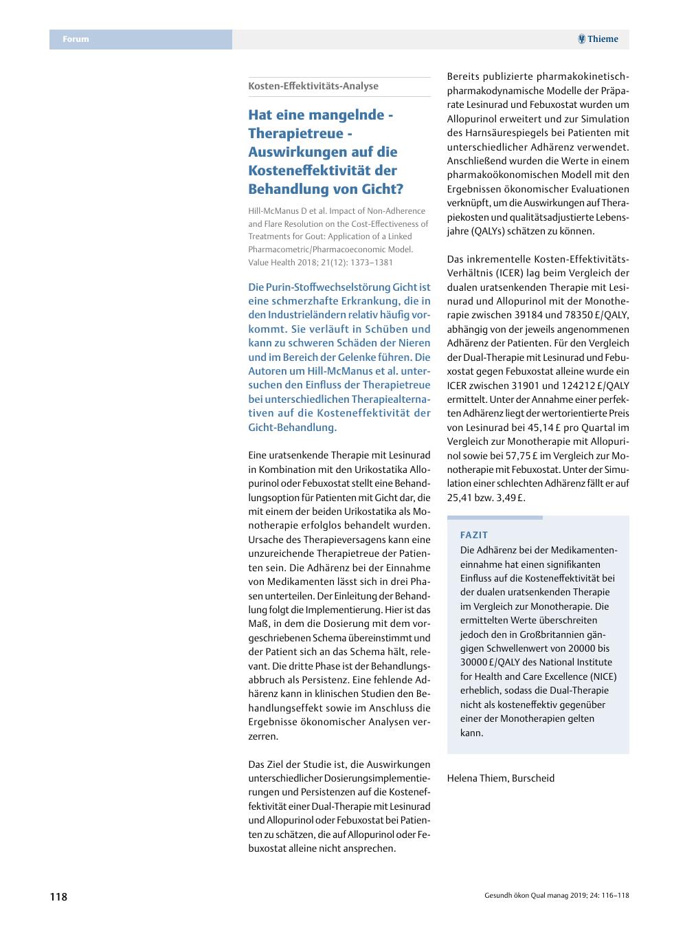 Vorschauseite 1: Kosten-Effektivitäts-Analyse ? Hat eine mangelnde Therapietreue Auswirkungen auf die Kosteneffektivität der Behandlung von Gicht?