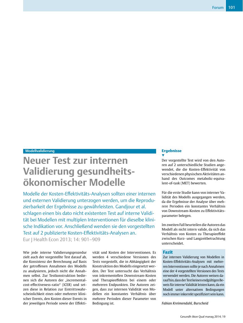 Vorschauseite 1: Modellvalidierung – Neuer Test zur internen Validierung gesundheitsökonomischer Modelle