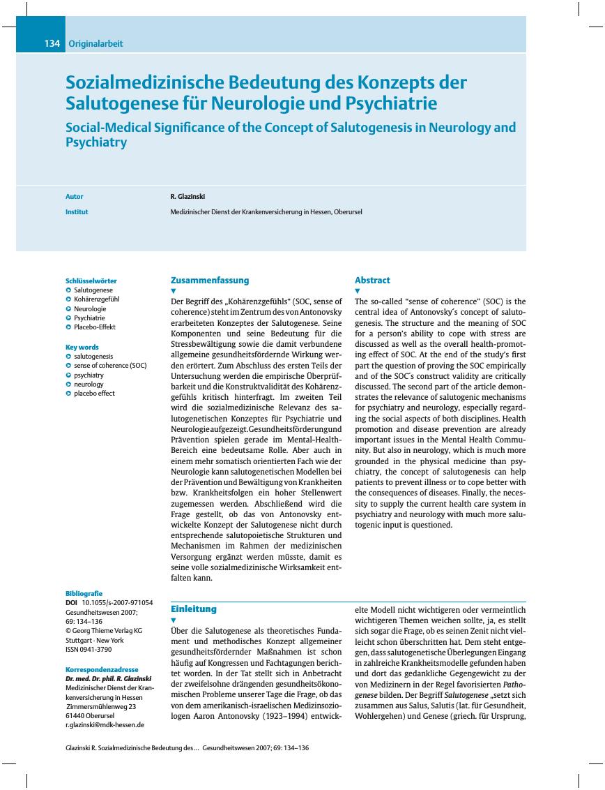 Vorschauseite 1: Sozialmedizinische Bedeutung des Konzepts der Salutogenese für Neurologie und Psychiatrie