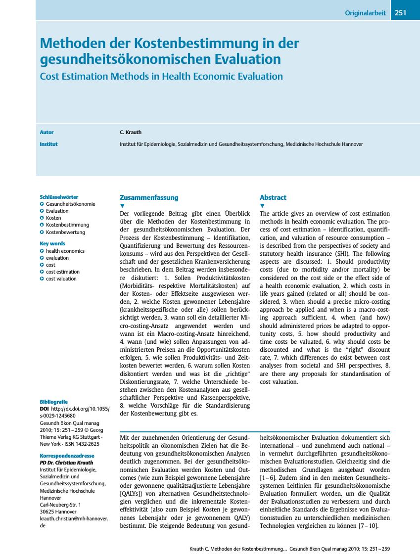 Vorschauseite 1: Methoden der Kostenbestimmung in der gesundheitsökonomischen Evaluation