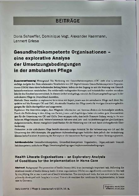 Vorschauseite 1: Gesundheitskompetente Organisationen! Eine explorative Analyse der Umsetzungsbedingungen in der ambulanten Pflege.