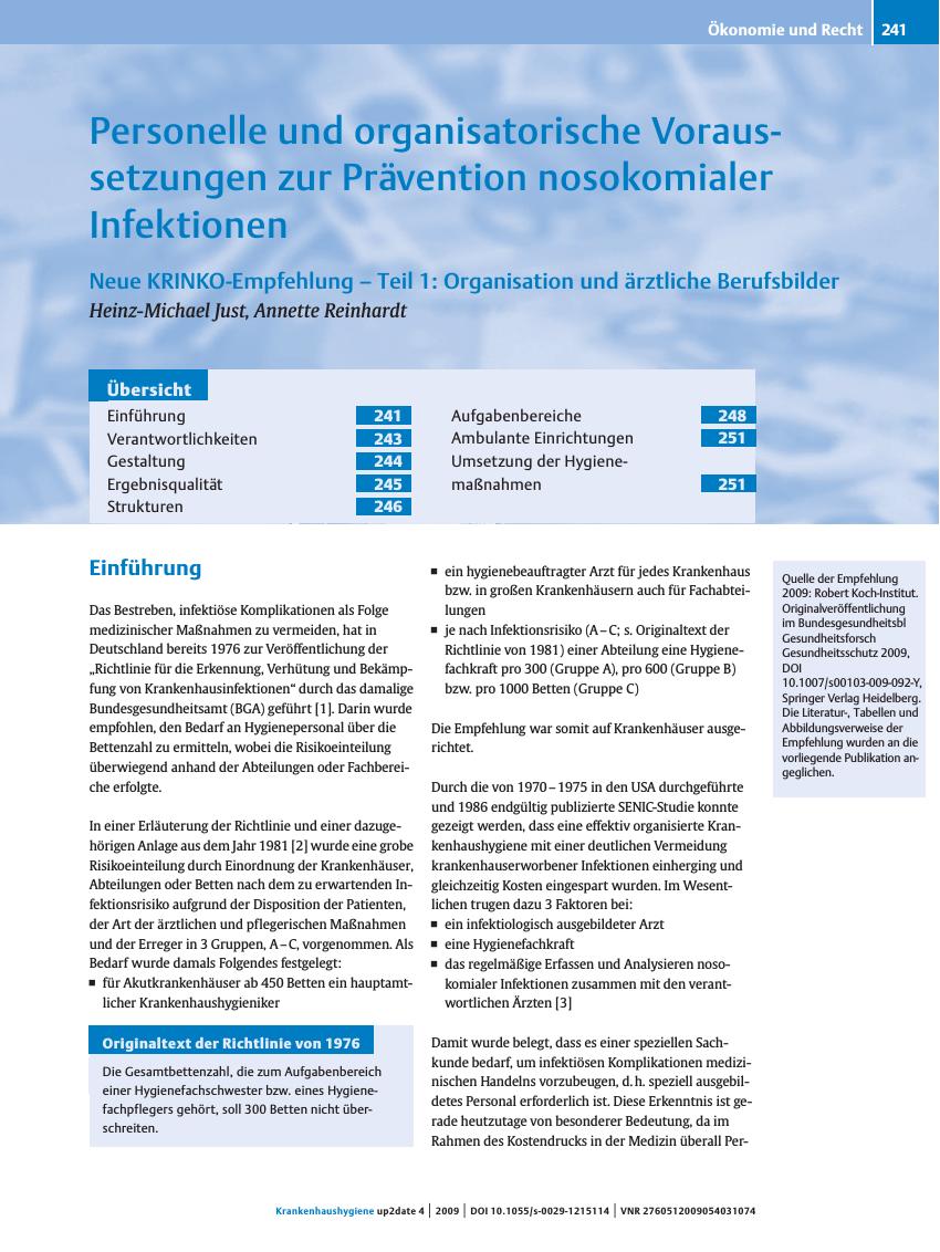 Vorschauseite 1: Personelle und organisatorische Voraussetzungen zur Prävention nosokomialer Infektionen. Neue KRINKO-Empfehlung – Teil 1: Organisation und ärztliche Berufsbilder