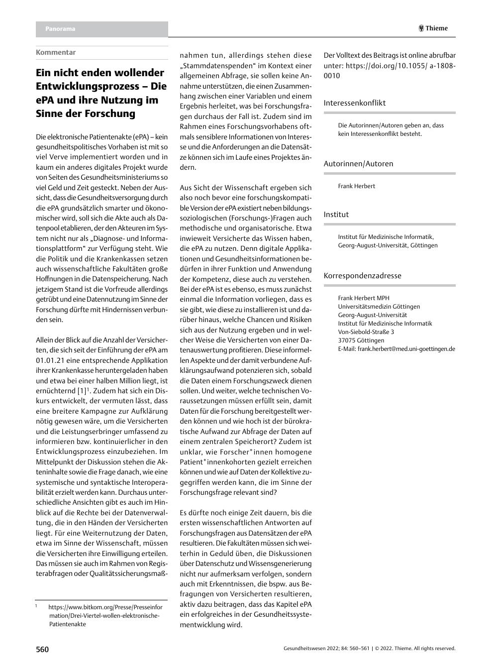 Vorschauseite 1: Ein nicht enden wollender Entwicklungsprozess – Die ePA und ihre Nutzung im Sinne der Forschung