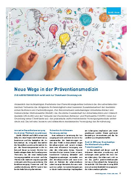 Vorschauseite 1: Neue Wege in der Präventionsmedizin DIE ARBEITSMEDIZIN setzt sich für Thinktank-Gründung ein