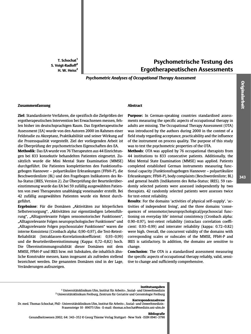 Vorschauseite 1: Psychometrische Testung des Ergotherapeutischen Assessments