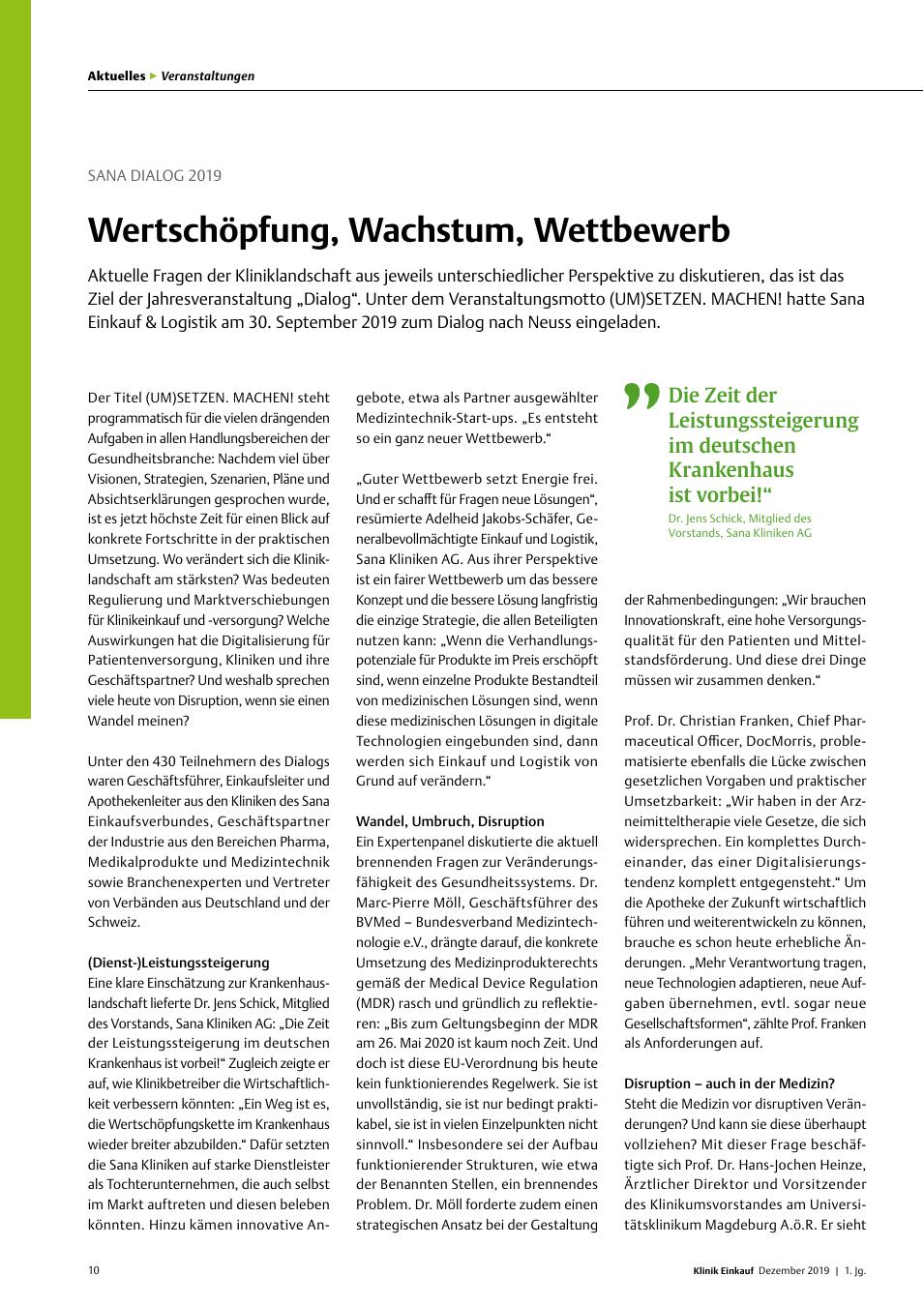 Vorschauseite 1: Sana Dialog 2019: Wertschöpfung, Wachstum, Wettbewerb