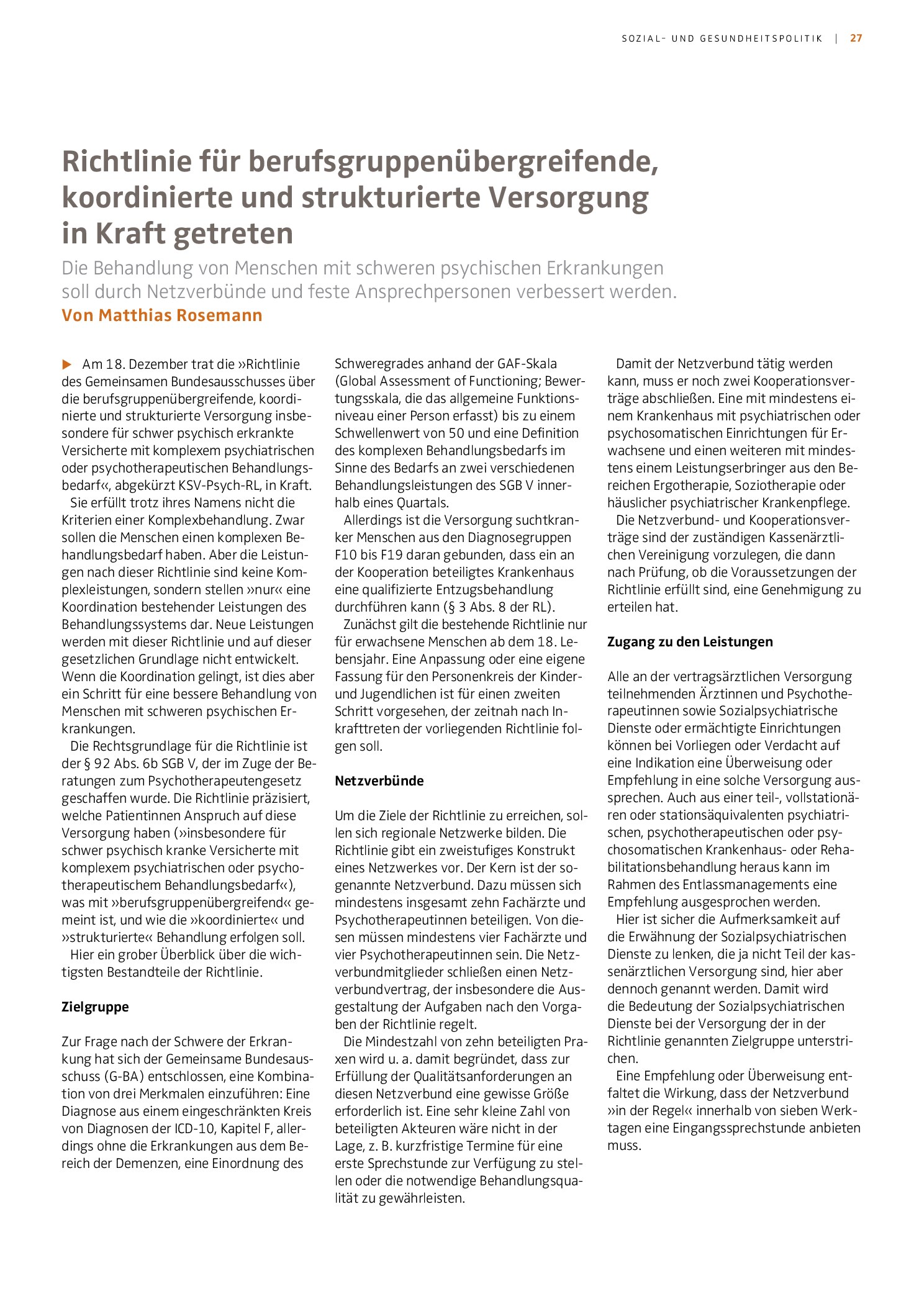 Vorschauseite 1: Richtlinie für berufsgruppenübergreifende, koordinierte und strukturierte Versorgung in Kraft getreten