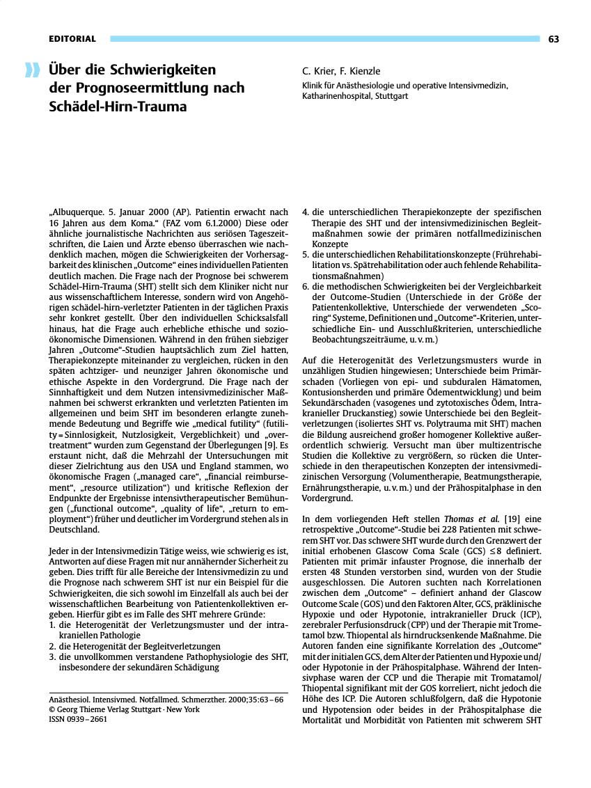 Vorschauseite 1: Über die Schwierigkeitender Prognoseermittlung nachSchädel-Hirn-Trauma