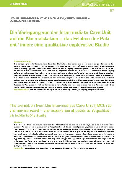 Vorschauseite 1: Die Verlegung von der Intermediate Care Unit auf die Normalstation – das Erleben der Patient*innen: eine qualitative explorative Studie