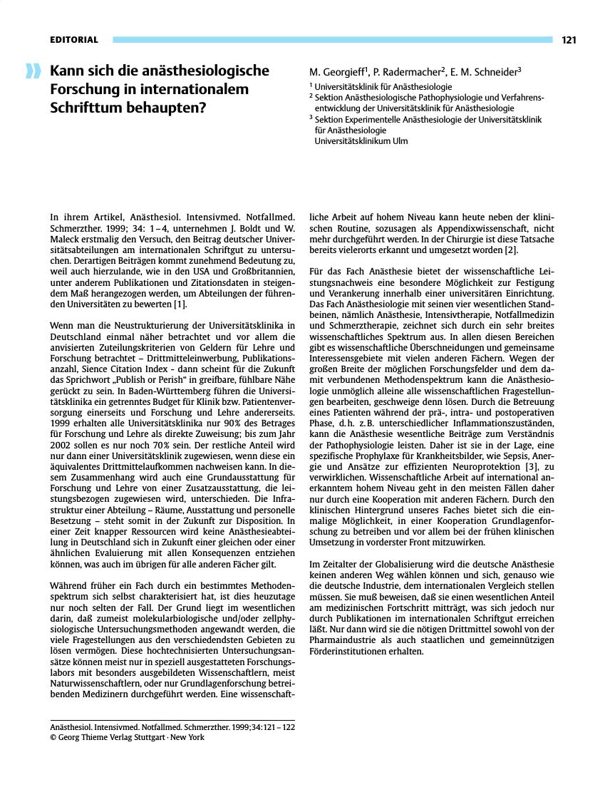 Vorschauseite 1: Kann sich die anästhesiologische Forschung in internationalem Schrifttum behaupten?