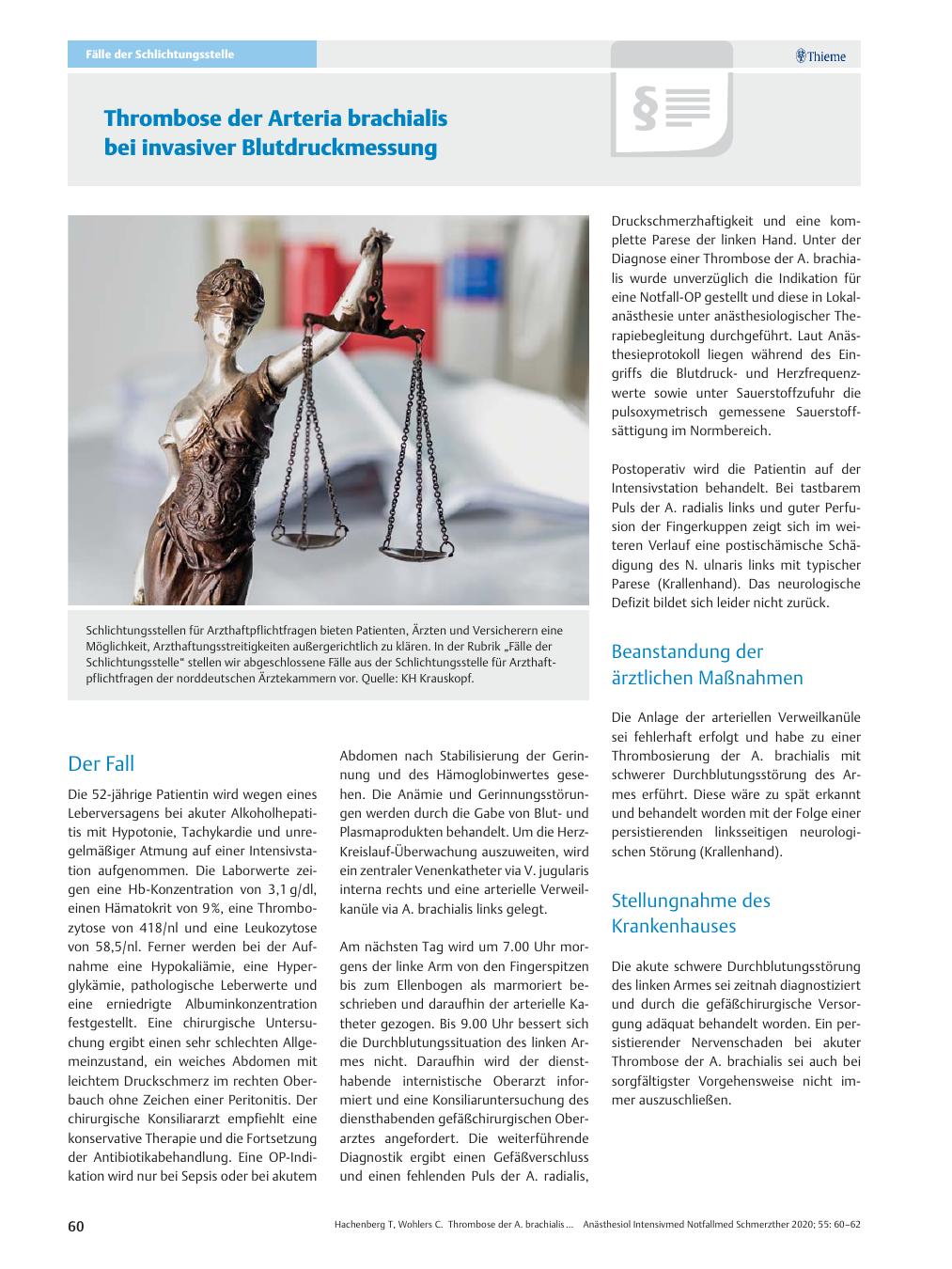 Vorschauseite 1: Thrombose der Arteria brachialis bei invasiver Blutdruckmessung