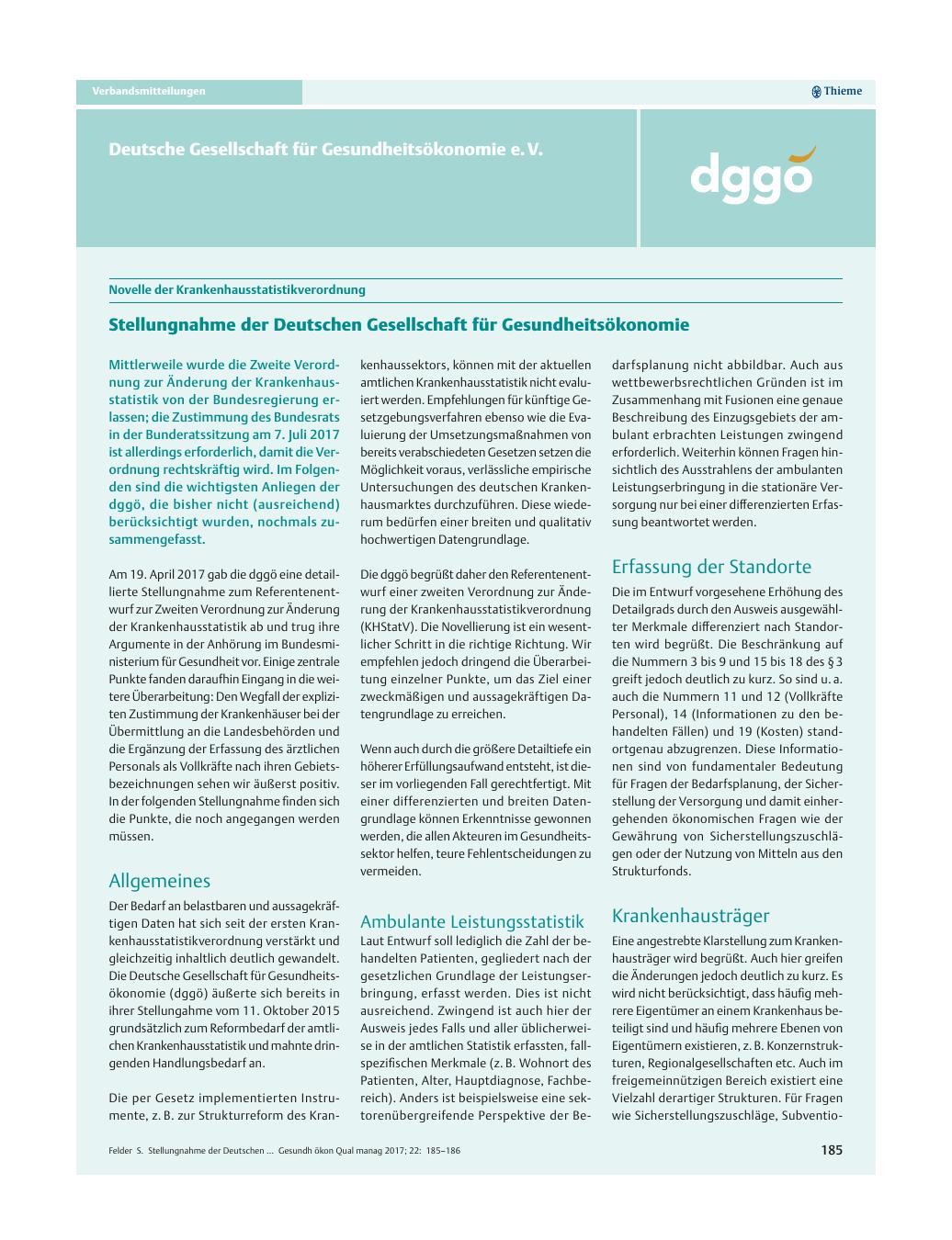 Vorschauseite 1: Novelle der Krankenhausstatistikverordnung ? Stellungnahme der Deutschen Gesellschaft für Gesundheitsökonomie