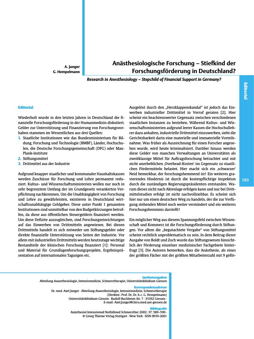 Vorschauseite 1: Anästhesiologische Forschung - Stiefkind der Forschungsförderung in Deutschland?