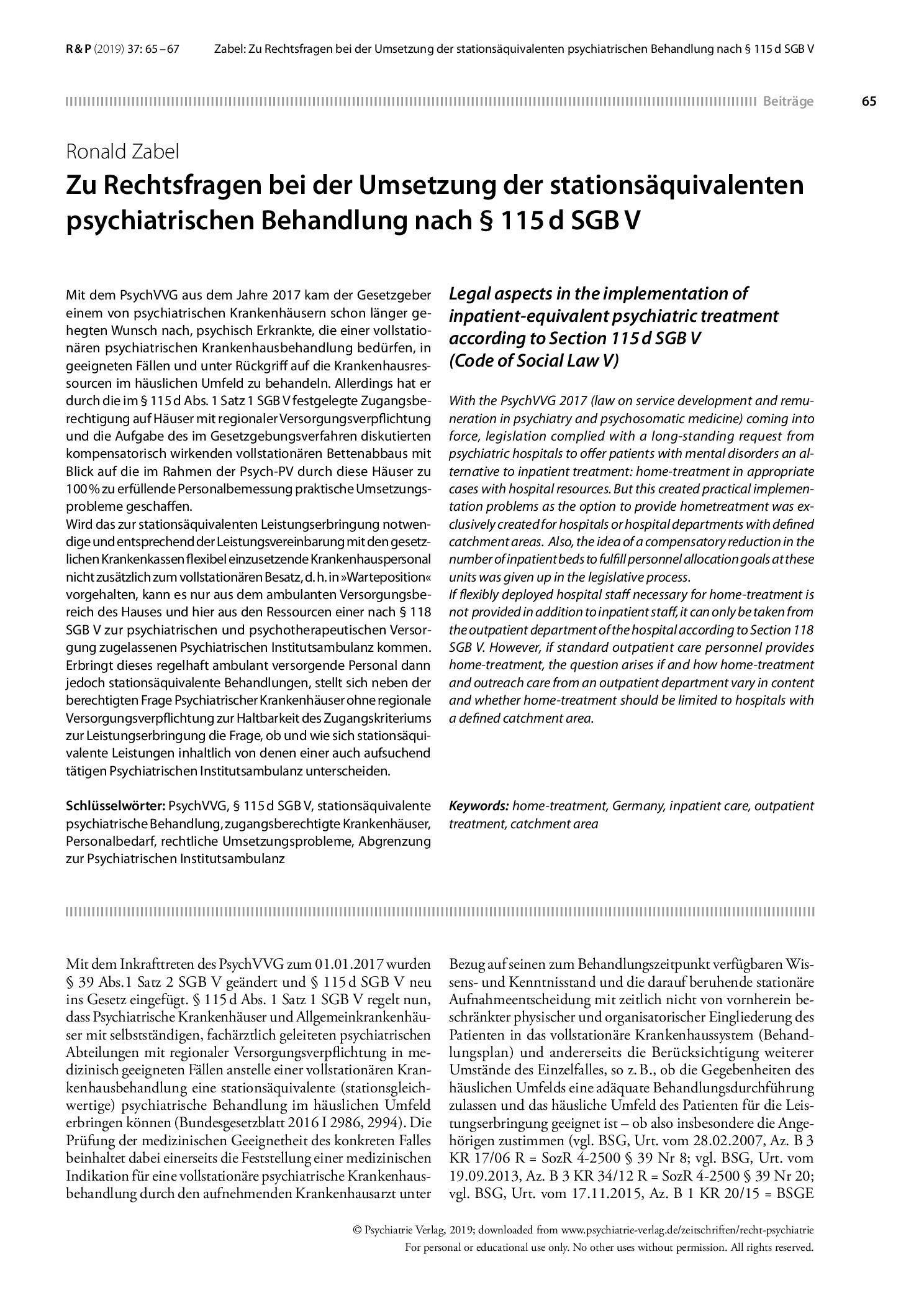 Vorschauseite 1: Zu Rechtsfragen bei der Umsetzung der stationsäquivalenten psychiatrischen Behandlung nach § 115d SGB V
