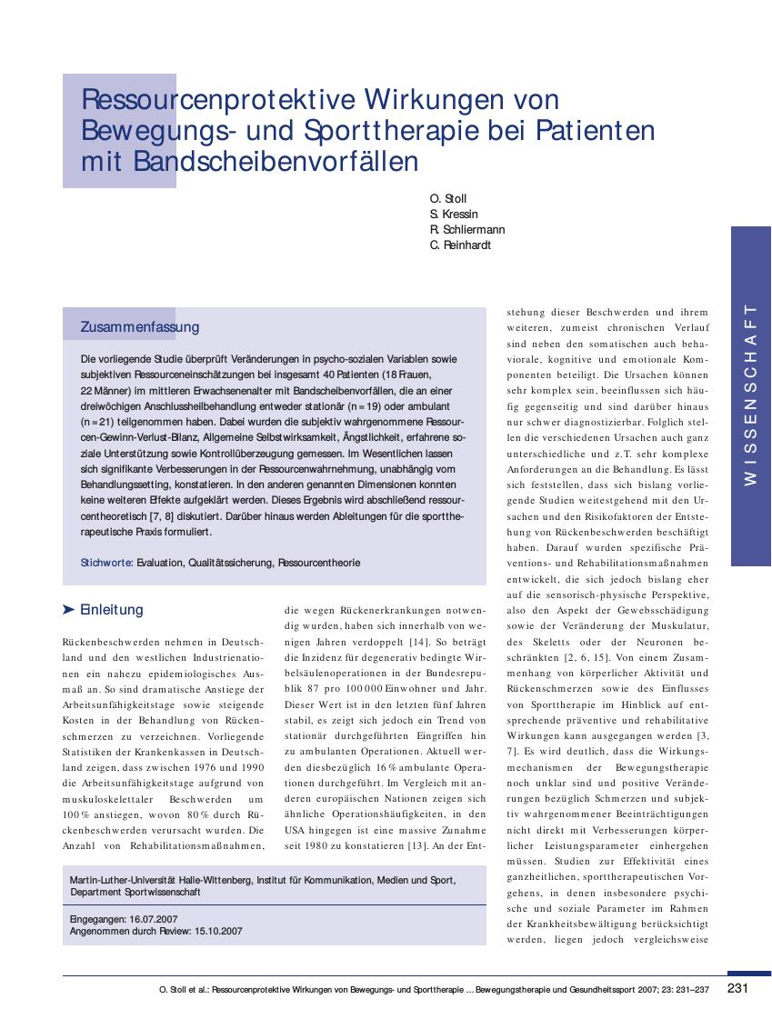 Vorschauseite 1: Ressourcenprotektive Wirkungen von Bewegungsund Sporttherapie bei Patienten mit Bandscheibenvorfällen