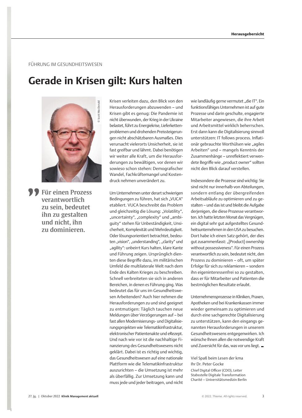 Vorschauseite 1: Führung im Gesundheitswesen: Gerade in Krisen gilt: Kurs halten.