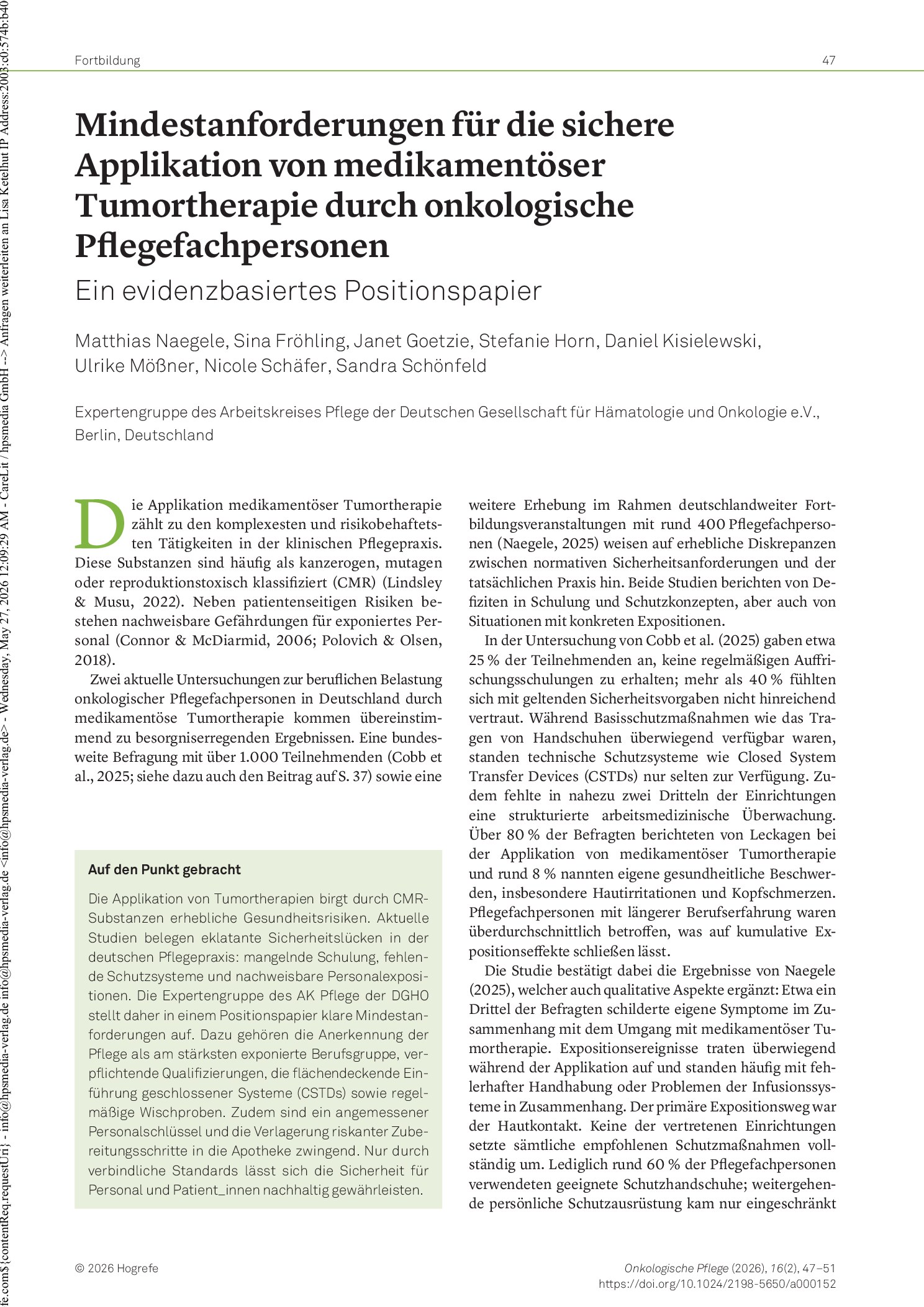 Vorschauseite 1: Mindestanforderungen für die sichere Applikation von medikamentöser Tumortherapie durch onkologische Pflegefachpersonen