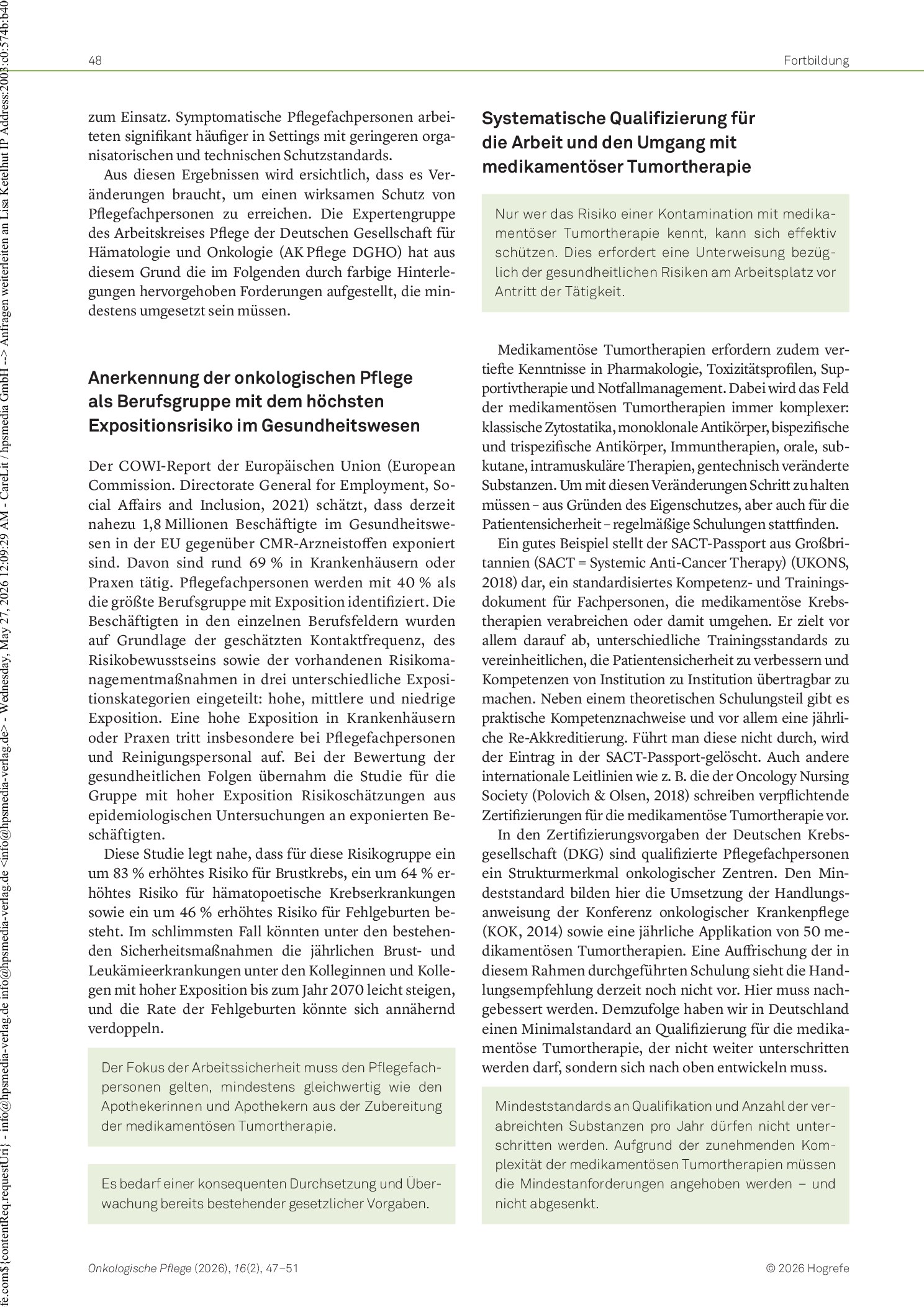 Vorschauseite 2: Mindestanforderungen für die sichere Applikation von medikamentöser Tumortherapie durch onkologische Pflegefachpersonen