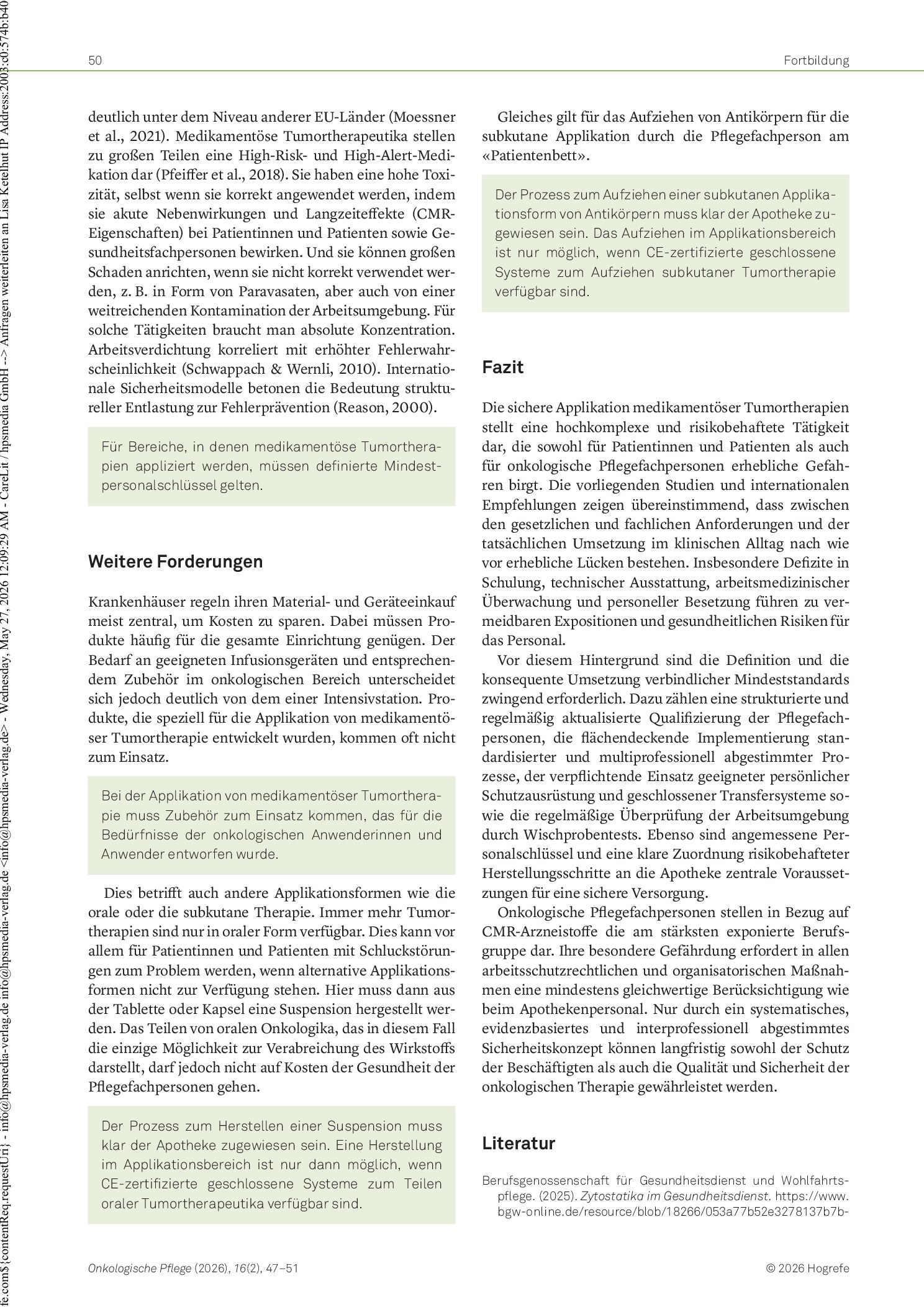Vorschauseite 4: Mindestanforderungen für die sichere Applikation von medikamentöser Tumortherapie durch onkologische Pflegefachpersonen