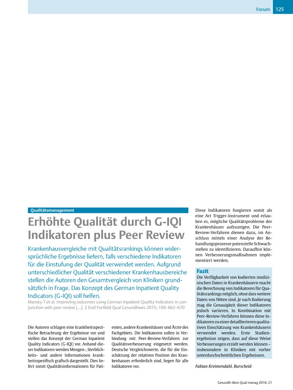 Vorschauseite 1: Qualitätsmanagement – Erhöhte Qualität durch G-IQI Indikatoren plus Peer Review