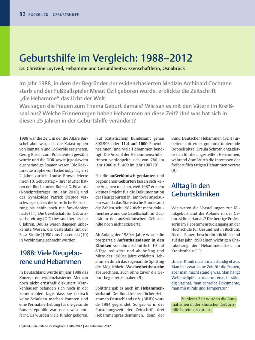 Vorschauseite 1: Geburtshilfe im Vergleich: 1988?2012