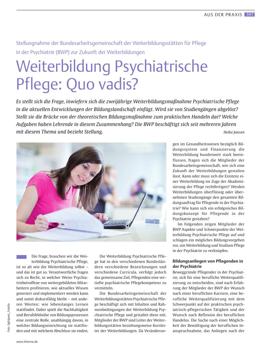 Vorschauseite 1: Weiterbildung Psychiatrische Pflege: Quo vadis?