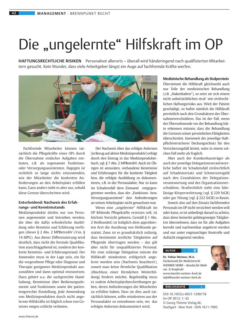 Vorschauseite 1: Die „ungelernte“ Hilfskraft im OP