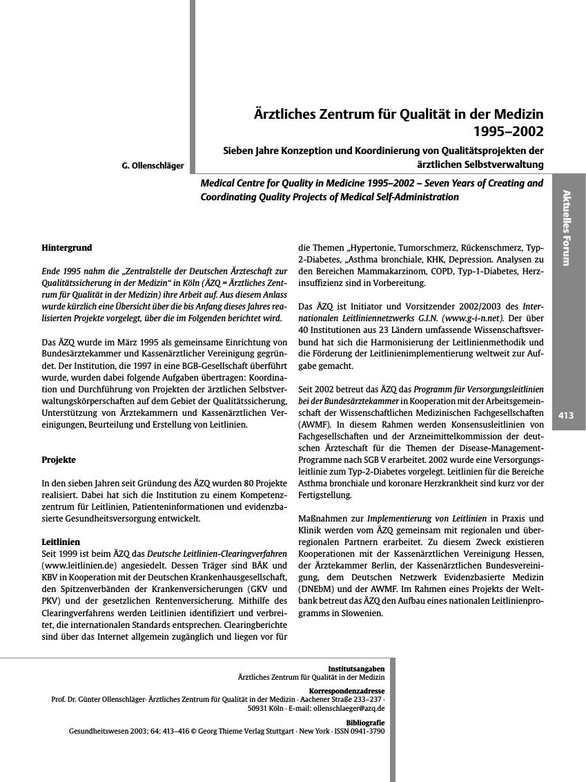 Vorschauseite 1: Ärztliches Zentrum für Qualität in der Medizin 1995-2002