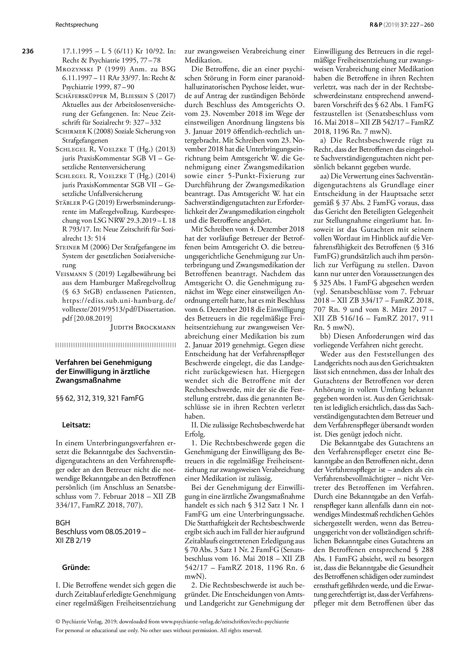 Vorschauseite 1: Verfahren bei Genehmigung der Einwilligung in ärztliche Zwangsmaßnahme