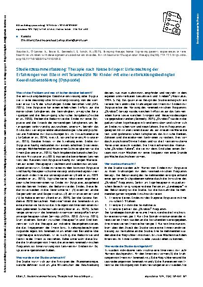 Vorschauseite 1: Studienzusammenfassung: Therapie nach Hause bringen: Untersuchung der Erfahrungen von Eltern mit Telemedizin für Kinder mit einer entwicklungsbedingten Koordinationsstörung (Dyspr…