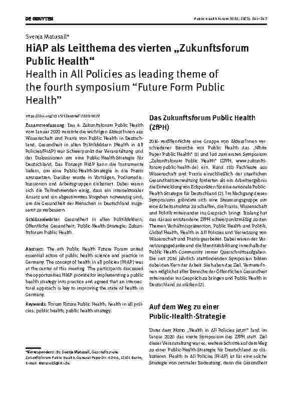 Vorschauseite 1: HiAP als Leitthema des vierten „Zukunftsforum Public Health“