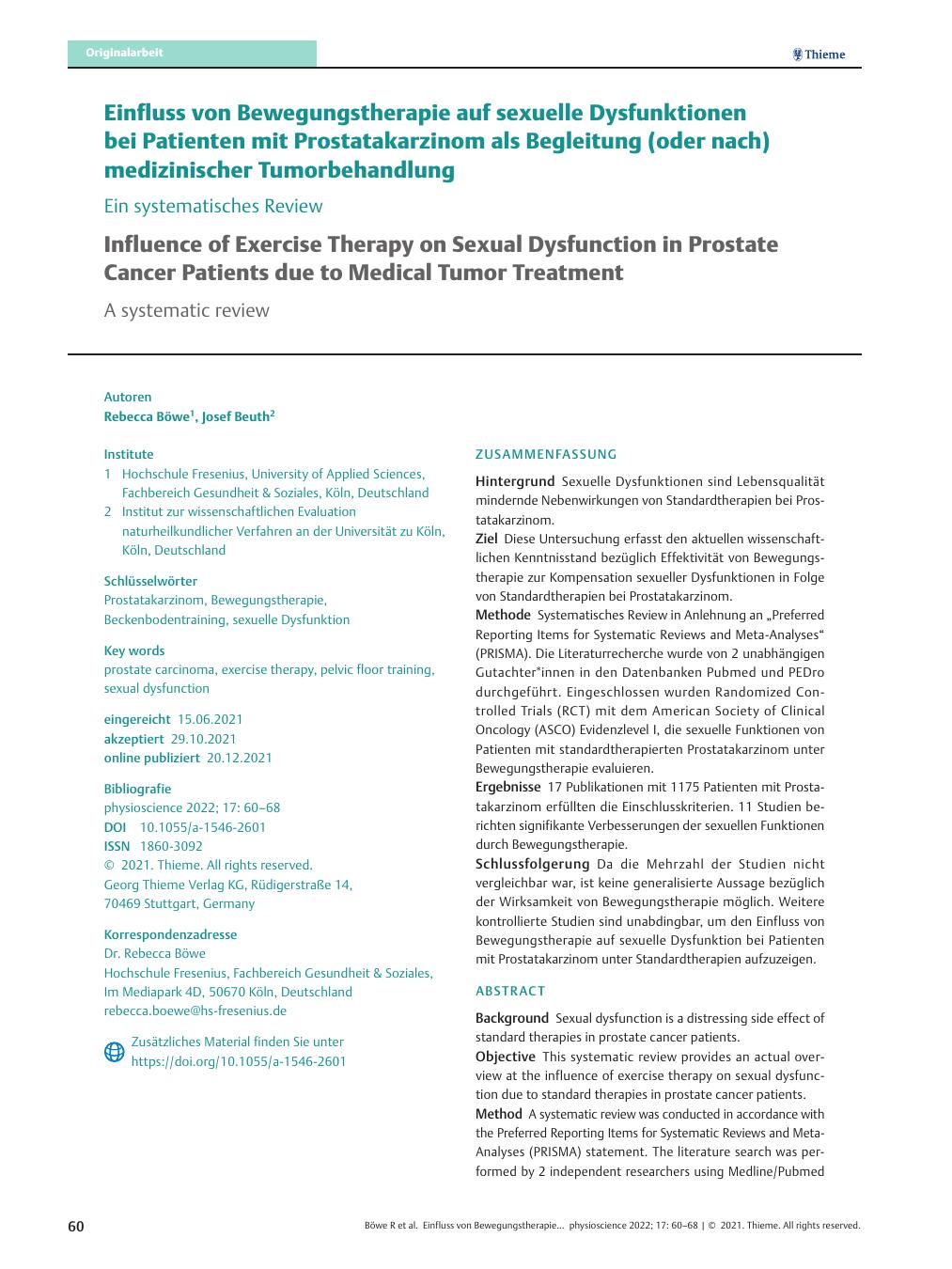 Vorschauseite 1: Einfluss von Bewegungstherapie auf sexuelle Dysfunktionen bei Patienten mit Prostatakarzinom als Begleitung (oder nach) medizinischer Tumorbehandlung – Ein systematisches Review
