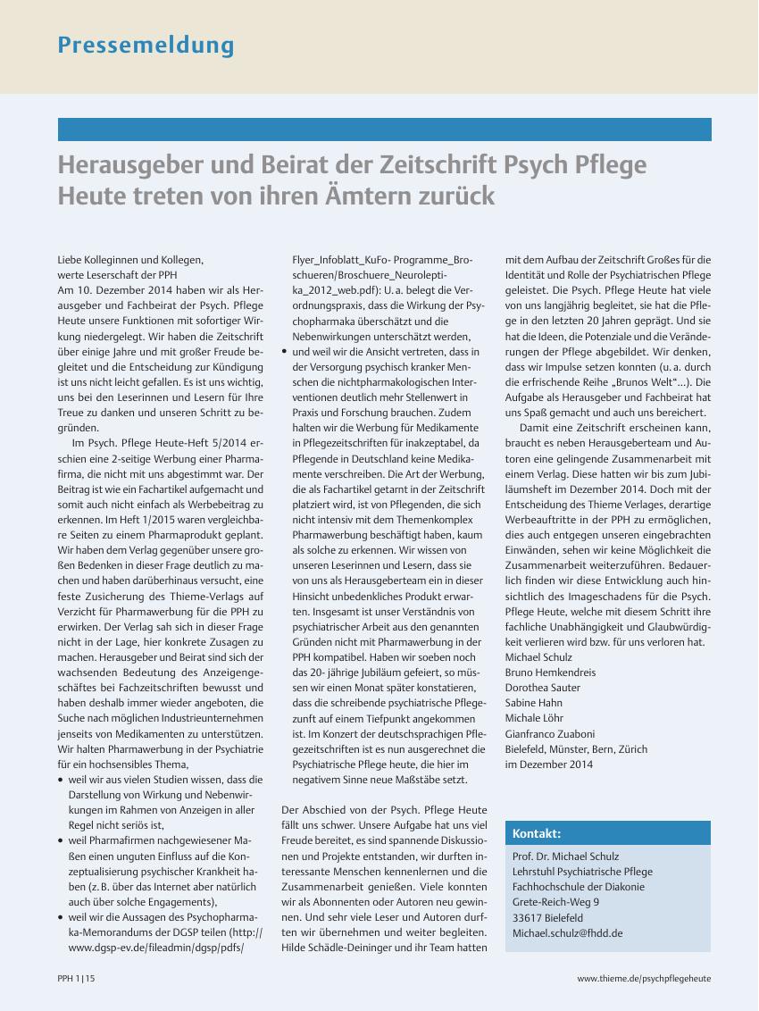 Vorschauseite 1: Herausgeber und Beirat der Zeitschrift Psych Pflege Heute treten von ihren Ämtern zurück