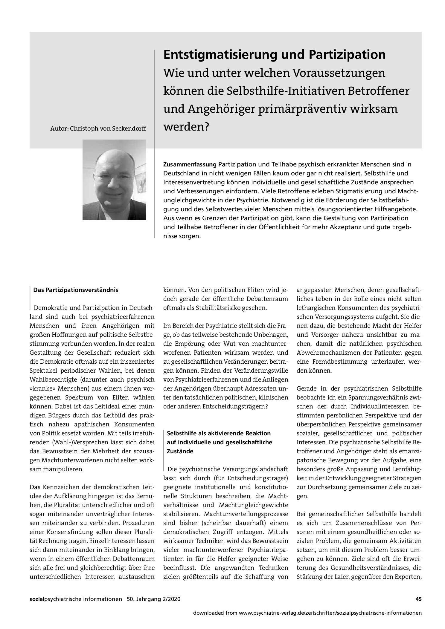 Vorschauseite 1: Entstigmatisierung und Partizipation. Wie und unter welchen Voraussetzungen können die Selbsthilfe-Initiativen Betroffener und Angehöriger primärpräventiv wirksam werden?
