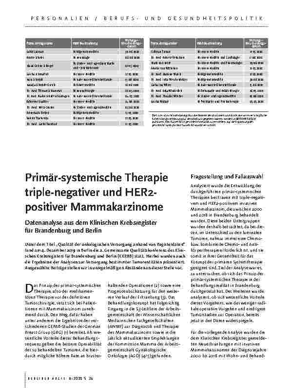 Vorschauseite 1: Primär-systemische Therapie triple-negativer und HER2-positiver Mammakarzinome Datenanalyse aus dem Klinischen Krebsregister für Brandenburg und Berlin