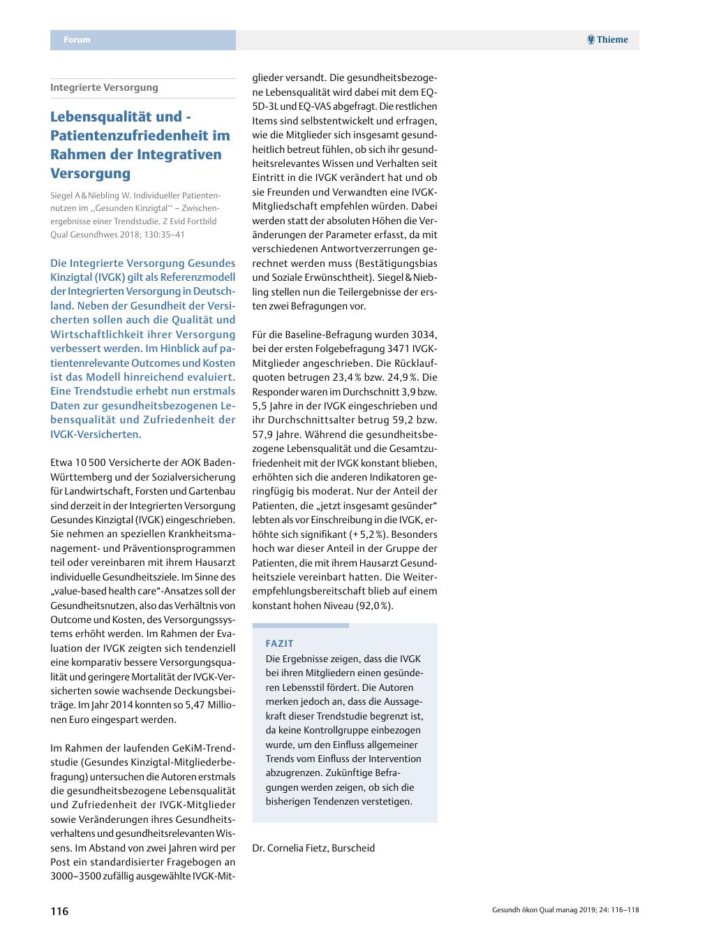 Vorschauseite 1: Integrierte Versorgung – Lebensqualität und Patientenzufriedenheit im Rahmen der Integrativen Versorgung