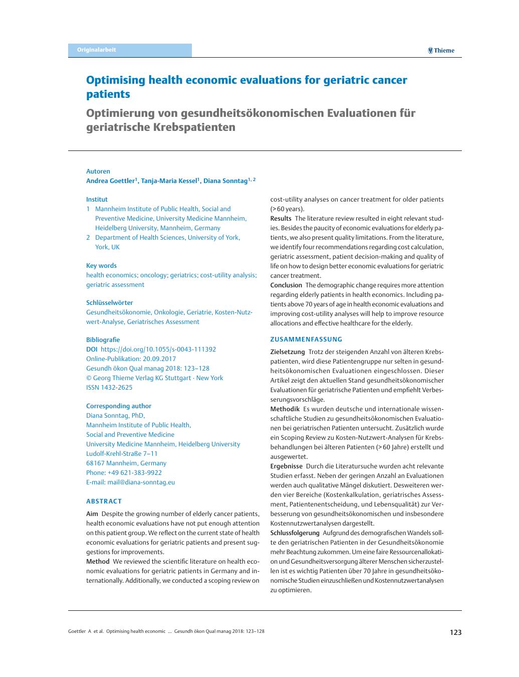 Vorschauseite 1: Optimising health economic evaluations for geriatric cancer patients