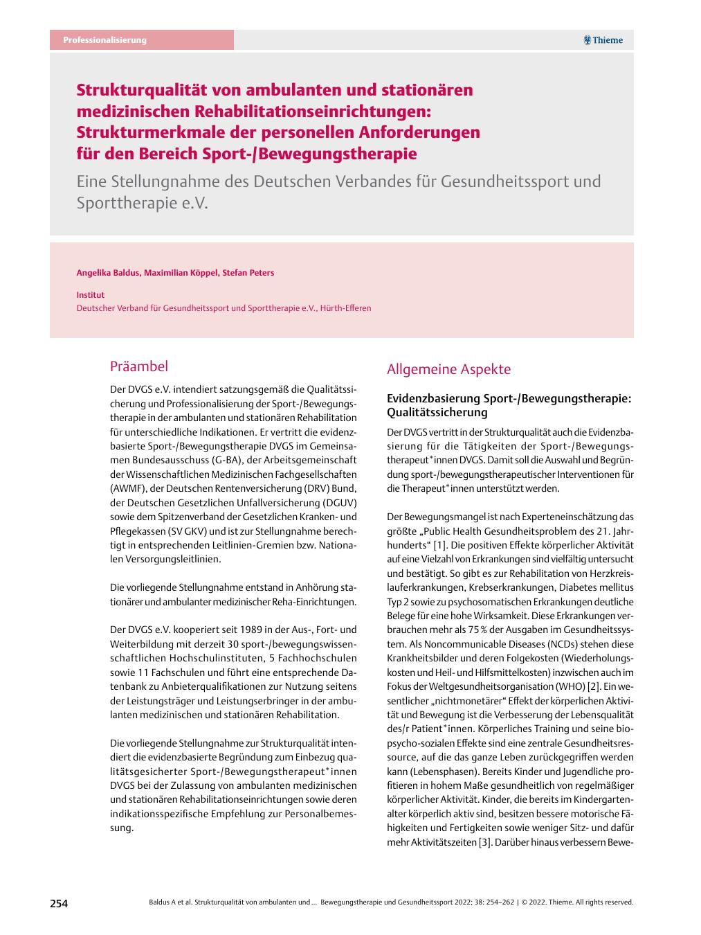 Vorschauseite 1: Strukturqualität von ambulanten und stationären medizinischen Rehabilitationseinrichtungen: Strukturmerkmale der personellen Anforderungen für den Bereich Sport-/Bewegungstherapie