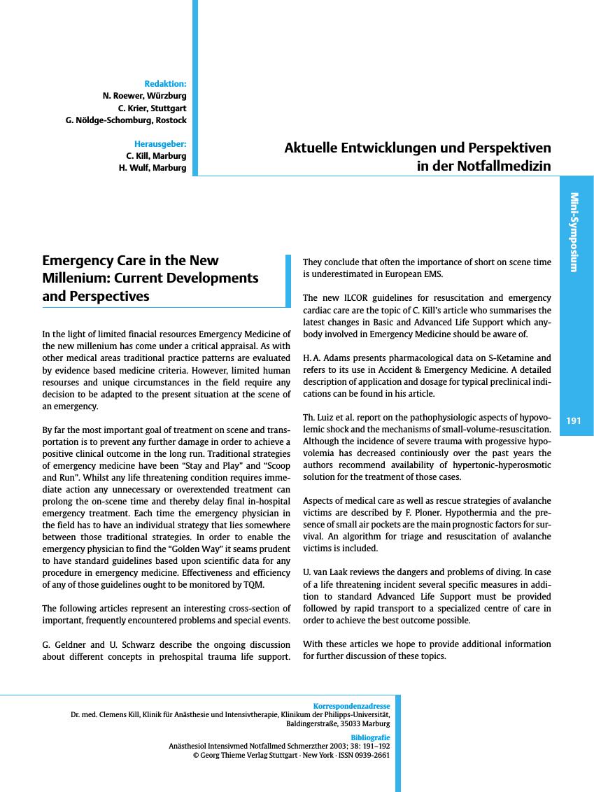 Vorschauseite 1: Emergency Care in the New Millenium: Current Developments and Perspectives