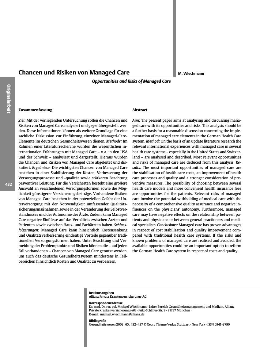 Vorschauseite 1: Chancen und Risiken von Managed Care