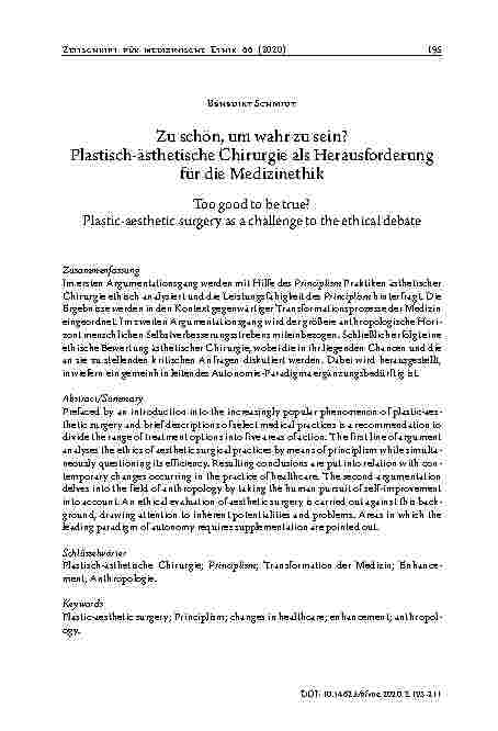 Vorschauseite 1: Zu schön, um wahr zu sein? Plastisch-ästhetische Chirurgie als Herausforderung für die Medizinethik