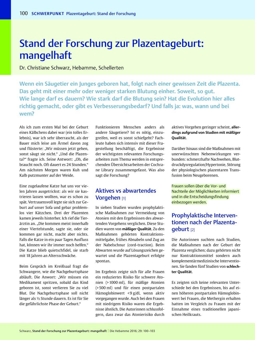 Vorschauseite 1: Stand der Forschung zur Plazentageburt: mangelhaft
