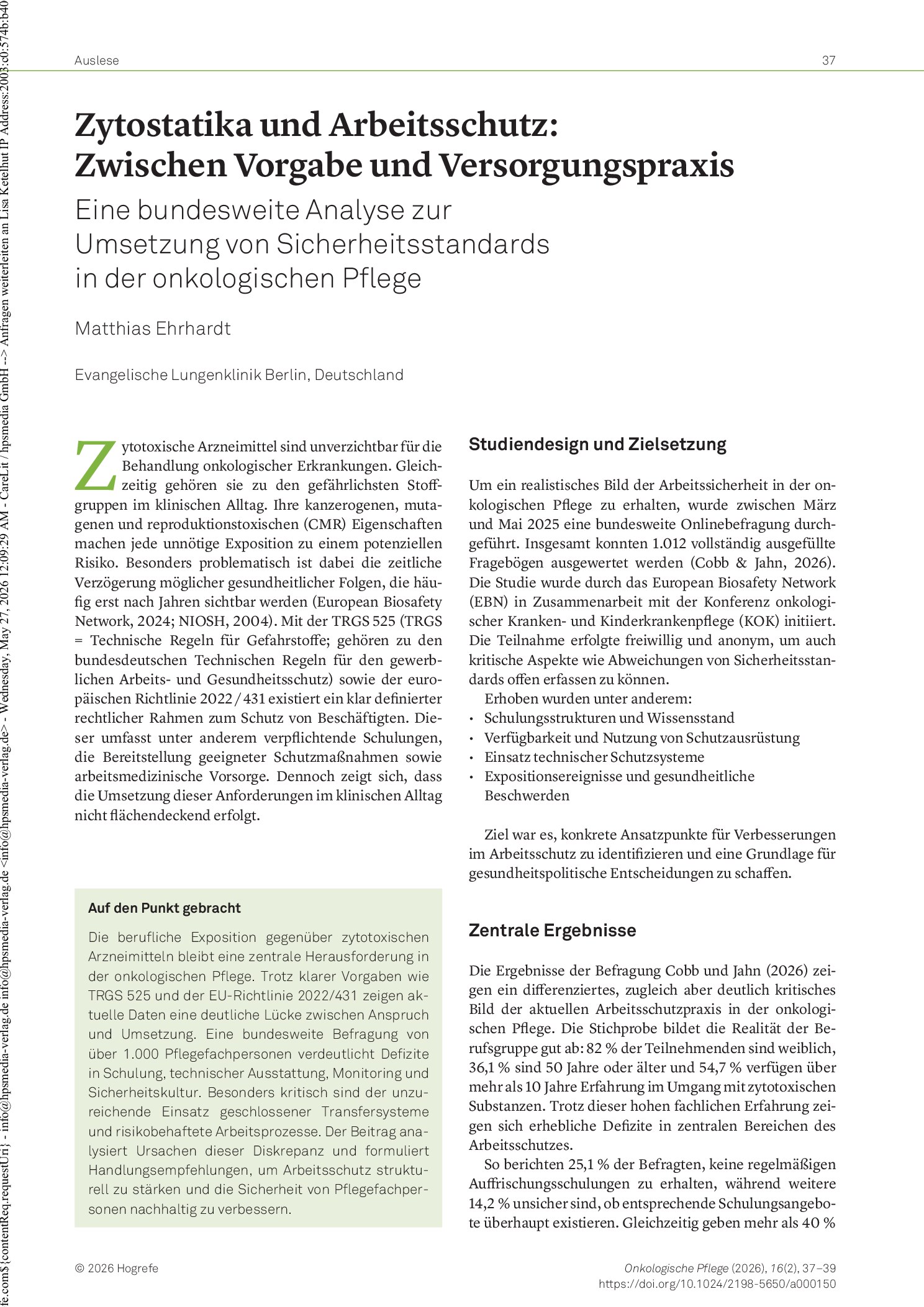 Vorschauseite 1: Zytostatika und Arbeitsschutz: Zwischen Vorgabe und Versorgungspraxis